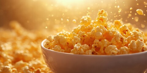 Freshly popped popcorn fills a bowl, creating a delightful snack for movie night or casual gatherings