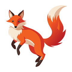 A vibrant red fox with a bushy tail is captured mid-jump against a white background.
