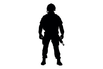 Silhouette of a soldier in tactical gear holding a rifle standing ready against a white background