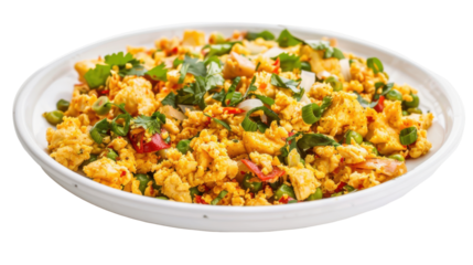 Colorful plate of spicy scrambled eggs with vegetables garnished with herbs