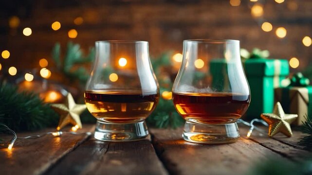 Shots of whiskey, brandy, or liquor adorned with decorations.