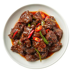 Delicious spicy beef stir-fry served on a white plate with vibrant peppers