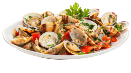 Freshly prepared seafood platter featuring clams and herbs on a white plate