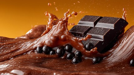 Delicious dark segments with chocolate splash and brown spheres against a vibrant background for confectionery creations and culinary applications.