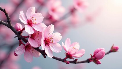 Fototapeta premium Intricate sakura branch pattern, showcasing blossoms & buds in varying stages , elegant, blossom