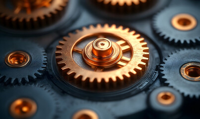 Close-up of interconnected cogwheels, with a highlighted golden gear in focus, and subtle out-of-focus elements