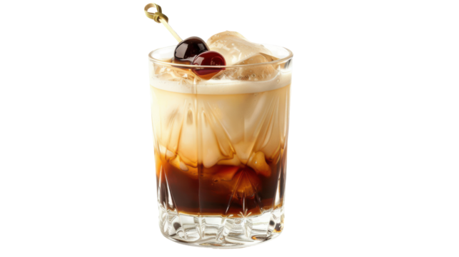 A refreshing cocktail with ice and cherries served in a clear glass on a bar counter