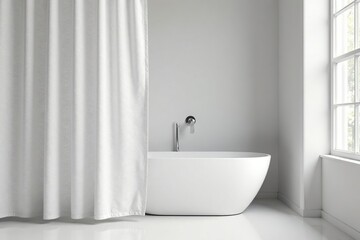 White shower curtain, textured fabric, bathroom setting, droplets, minimalist