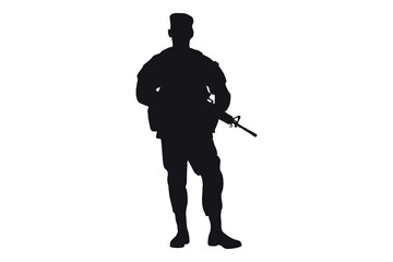 Silhouette of a soldier standing at attention holding a rifle on a white background
