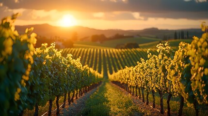 Naklejka premium A scenic vineyard landscape at sunset with rolling hills