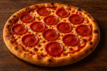 Whole Pepperoni Pizza with Melted Cheese on a Wooden Table