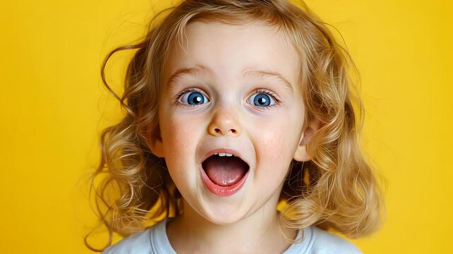 Surprised child with curly hair expressing excitement against yellow background.
