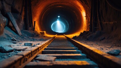 Obraz premium Inside an unused gold mine tunnel or shaft where ore cart tracks line the floor. Shallow depth of field concentrating about halfway down the shaft.
