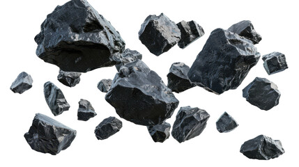 Naklejka premium Floating black rocks scattered in mid-air, showcasing natural textures and shapes