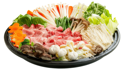 A vibrant platter of fresh vegetables and meats arranged for a hot pot meal, showcasing a variety of ingredients in a colorful display