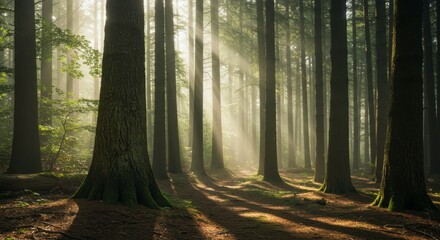 Obraz premium Sunlight filtering through forest trees