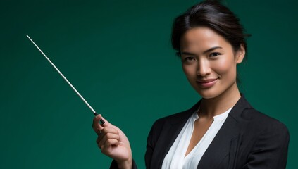 Confident woman in blazer, pointing with rod, emerald green background