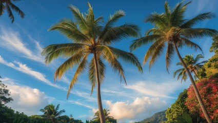 Obraz premium Beautiful tropical background featuring a Coconut Palm tree and blue sky.