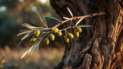 Old tree illuminated by olive oil and olive branch