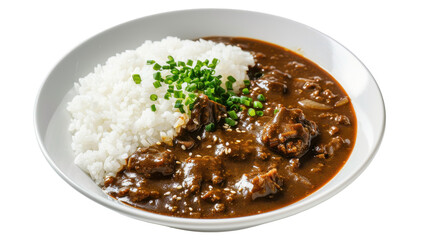 Delicious beef stew served with fluffy white rice and garnished with green onions