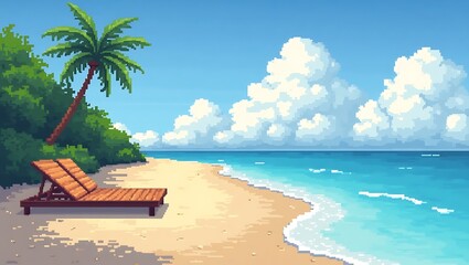 Pixel art paradise: Tropical beach with palm tree, sunbed, and ocean waves