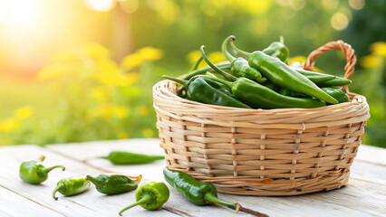 Green Chili in basket in natural sunny day Background, Green Chilies in basket on table in natural...