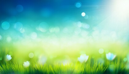 Obraz premium fresh spring abstract background with bokeh and sun glow graphic element with blue and green horizontal colour gradients