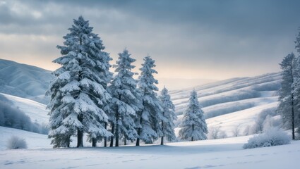 Beautiful sight of the frosted spruce trees and hilly landscape.