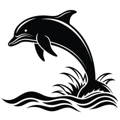 Majestic Dolphin Leaping from Ocean Waves Black and White Illustration