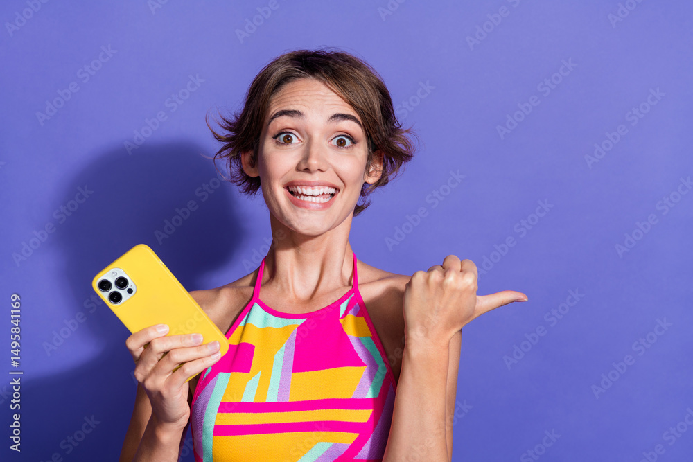 Aufkleber portrait of young toothy smiling lady wear pink crop top direct finger mockup website ad for smartph