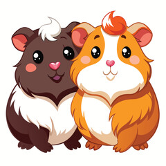 Two adorable guinea pigs with different colorings snuggle closely together with white background