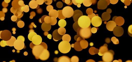 Abstract background of shimmering gold bokeh circles on black. Perfect for festive designs.