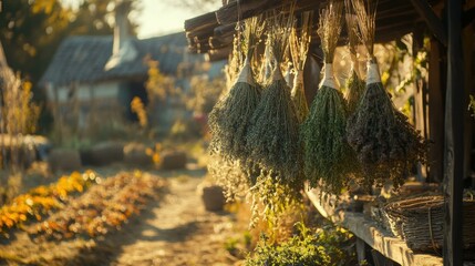 Vintage Herbal Garden with Dried Herbs Hanging in Sunlight