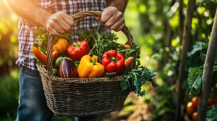 Fresh Harvest of Colorful Vegetables in Rustic Basket Outdoors