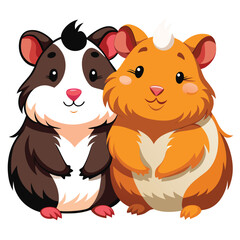 Two adorable guinea pigs with different colorings snuggle closely together with white background