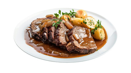 Deliciously plated roast beef with gravy and potatoes garnished with herbs