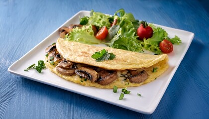 tortilla with champignons with salad in a square white plate