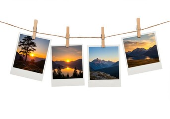 Mountain photos hanging on rope isolated on white background