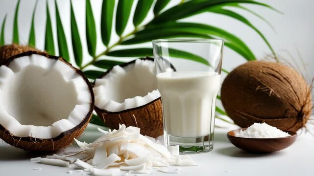 Coconuts with coconut milk on a white surface.
