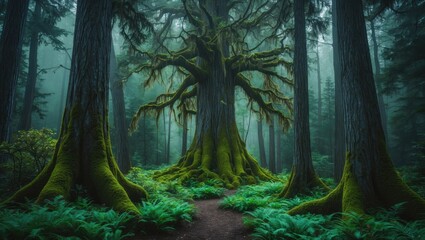 Obraz premium Whimsical storybook forest. Pine forest draped in lush moss. Mysterious setting.
