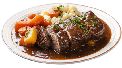Savory roast beef with vegetables and mashed potatoes on a white plate