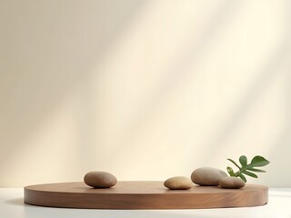Wooden podium with stones and a green leaf creating a natural zen scene for product presentation