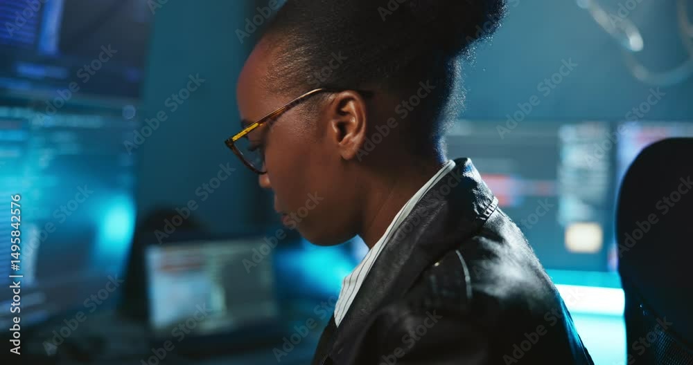 Poster African woman, computer screen and code for cybersecurity in office at night for protection with web services. Person, developer and monitor with information technology, programming and software