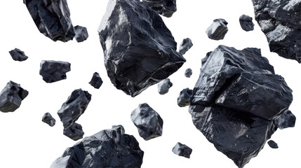 Abstract composition of floating black rocks in a dynamic, isolated environment