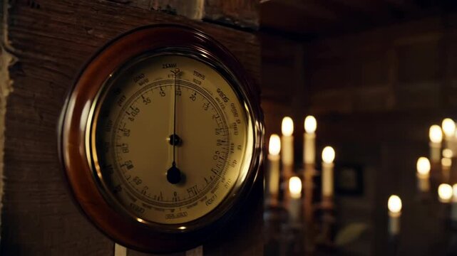 Antique barometer on wooden post measuring atmospheric pressure in room with candles casting a warm light, weather tool