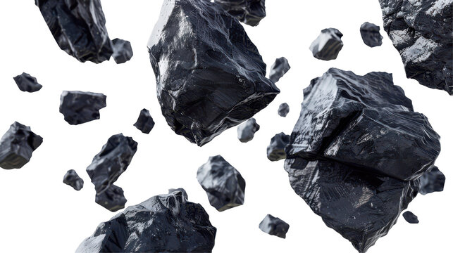 Abstract composition of floating black rocks in a dynamic, isolated environment