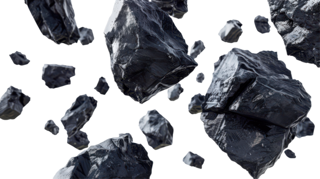 Abstract composition of floating black rocks in a dynamic, isolated environment