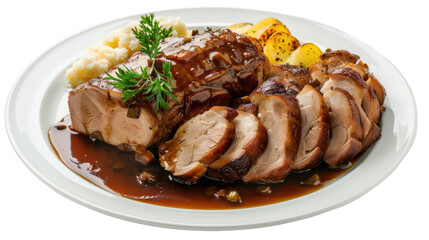 Delicious roast meat served with creamy mashed potatoes and grilled vegetables