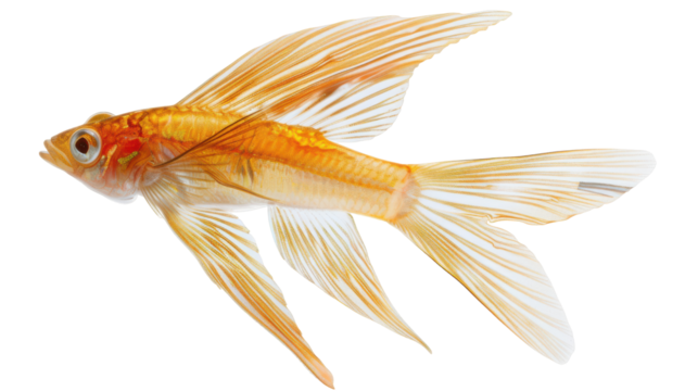 Graceful golden fish swimming through clear water with vibrant aquatic plants in background