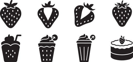 Strawberry Icons Set Fruit Whole Halved Smoothie Cake